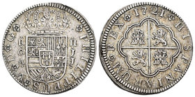 Felipe V (1700-1746). 2 reales. 1721. Cuenca. JJ. (Cal-1162). Ag. 5,67 g. MBC+. Est...60,00.