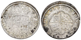 Felipe V (1700-1746). 2 reales. 1721. Cuenca. JJ. (Cal-1162). Ag. 5,17 g. BC+/MBC-. Est...35,00.
