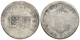 Felipe V (1700-1746). 2 reales. 1722. Cuenca. JJ. (Cal-1163). Ag. 5,32 g. BC-. Est...15,00.