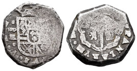 Felipe V (1700-1746). 2 reales. Madrid. B/R. (Cal-1237). Ag. 6,26 g. Marca de ceca horizontal. Visible parte del nombre y numeral del rey. Rara. MBC-....