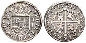 Felipe V (1700-1746). 2 reales. 1721. Sevilla. J. (Cal-1423). Ag. 4,93 g. MBC+/MBC-. Est...60,00.