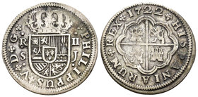 Felipe V (1700-1746). 2 reales. 1722. Sevilla. J. (Cal-1424). Ag. 5,63 g. MBC-/BC+. Est...20,00.