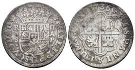 Felipe V (1700-1746). 2 reales. 1736. Sevilla. AP. (Cal-1437). Ag. 5,49 g. BC+. Est...30,00.