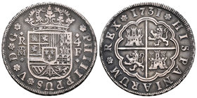 Felipe V (1700-1746). 4 reales. 1731. Madrid. F. (Cal-1000). Ag. 13,29 g. Tono. Escasa. MBC+. Est...250,00.