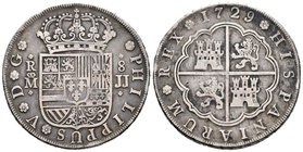 Felipe V (1700-1746). 8 reales. 1729. Madrid. JJ. (Cal-694). Ag. 26,12 g. Escasa. MBC-. Est...350,00.