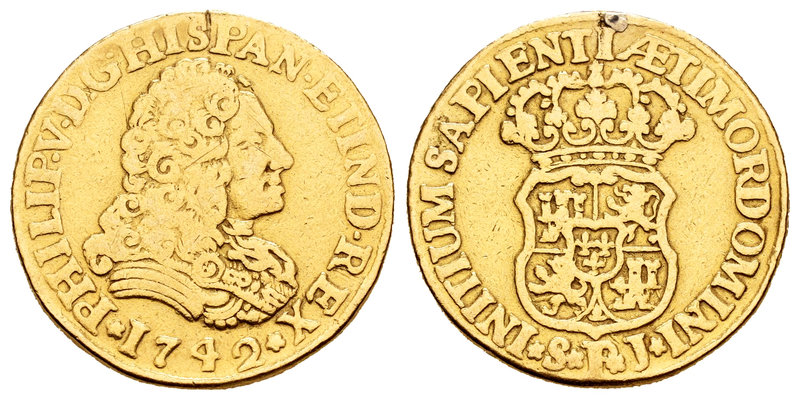 Felipe V (1700-1746). 2 escudos. 1742. Sevilla. PJ. (Cal-432). Au. 6,53 g. Fue u...