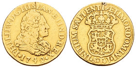 Felipe V (1700-1746). 2 escudos. 1742. Sevilla. PJ. (Cal-432). Au. 6,53 g. Fue utilizada como joya. Rara. MBC-. Est...350,00.