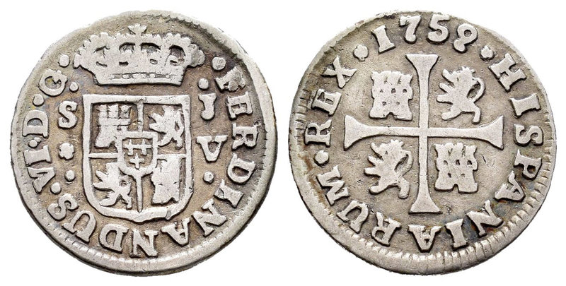 Fernando VI (1746-1759). 1/2 real. 1759. Sevilla. JV. (Cal-698). Ag. 1,31 g. BC+...