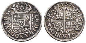 Fernando VI (1746-1759). 1 real. 1759. Sevilla. JV. (Cal-615). Ag. 2,86 g. Rayita. MBC. Est...35,00.