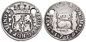 Fernando VI (1746-1759). 2 reales. 1759. Guatemala. P. (Cal-465). Ag. 6,22 g. Agujero. Escasa. BC+. Est...60,00.