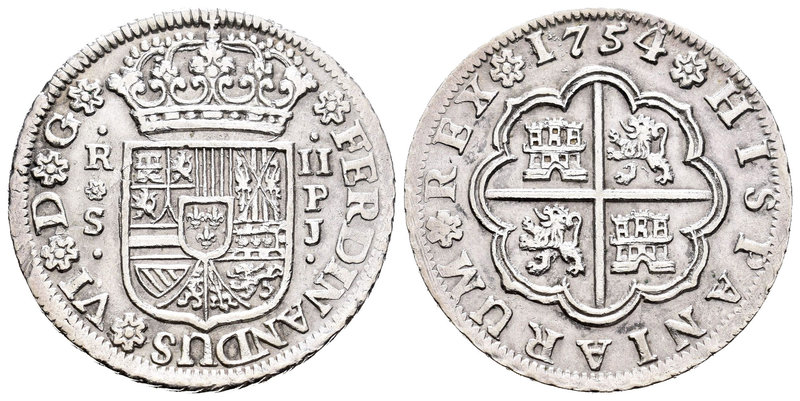 Fernando VI (1746-1759). 2 reales. 1754. Sevilla. PJ. (Cal-522). Ag. 5,91 g. MBC...