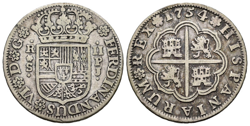 Fernando VI (1746-1759). 2 reales. 1754. Sevilla. PJ. (Cal-522). Ag. 5,71 g. MBC...
