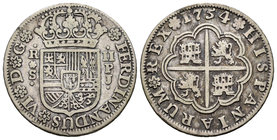 Fernando VI (1746-1759). 2 reales. 1754. Sevilla. PJ. (Cal-522). Ag. 5,71 g. MBC-. Est...25,00.