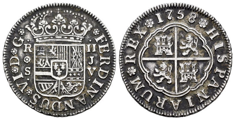 Fernando VI (1746-1759). 2 reales. 1758. Sevilla. JV. (Cal-524). Ag. 5,77 g. MBC...