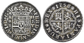 Fernando VI (1746-1759). 2 reales. 1758. Sevilla. JV. (Cal-524). Ag. 5,77 g. MBC+. Est...50,00.
