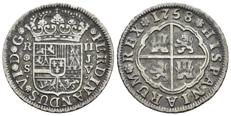 Fernando VI (1746-1759). 2 reales. 1758. Sevilla. JV. (Cal-524). Ag. 5,68 g. MBC...