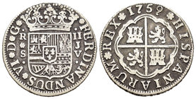 Fernando VI (1746-1759). 2 reales. 1759. Sevilla. JV. (Cal-525). Ag. 5,53 g. BC+. Est...20,00.