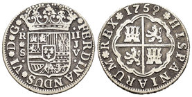 Fernando VI (1746-1759). 2 reales. 1759. Sevilla. JV. (Cal-525). Ag. 5,53 g. BC+. Est...20,00.
