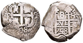 Fernando VI (1746-1759). 8 reales. 1748. Potosí. q. (Cal-358). Ag. 25,26 g. Doble fecha. Tono. Escasa. MBC. Est...160,00.