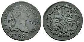 Carlos III (1759-1788). 2 maravedís. 1788/9. Segovia. (Cal-1925 variante). Ae. 2,22 g. Rectificación muy nítida. MBC-. Est...35,00.