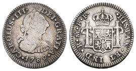 Carlos III (1759-1788). 1/2 real. 1780. México. FF. (Cal-1772). Ag. 1,65 g. BC+/MBC-. Est...20,00.