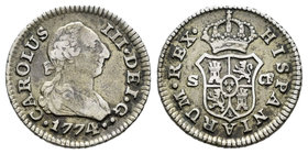 Carlos III (1759-1788). 1/2 real. 1774. Sevilla. CF. (Cal-1855). Ag. 1,45 g. Escasa. MBC-. Est...50,00.