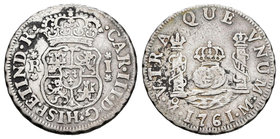 Carlos III (1759-1788). 1 real. 1761. México. M. (Cal-1541). Ag. 3,32 g. MBC-. Est...50,00.