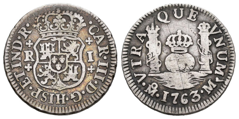 Carlos III (1759-1788). 1 real. 1763. México. M. (Cal-1543). Ag. 3,32 g. Dos ray...
