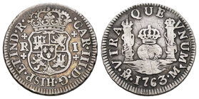 Carlos III (1759-1788). 1 real. 1763. México. M. (Cal-1543). Ag. 3,32 g. Dos rayas en reverso. MBC-/BC+. Est...40,00.