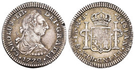 Carlos III (1759-1788). 1 real. 1772. México. FM. (Cal-1554). Ag. 3,35 g. Ceca y ensayadores invertidos. Golpecito en canto. Escasa. MBC+/MBC. Est...6...