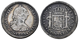 Carlos III (1759-1788). 1 real. 1773. México. FM. (Cal-no cita). Ag. 3,28 g. Ceca y ensayadores invertidos. Pátina. Escasa. MBC. Est...60,00.