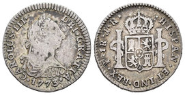 Carlos III (1759-1788). 1 real. 1773. Potosí. JR. (Cal-1596). Ag. 3,31 g. Primer año de busto. BC+. Est...40,00.