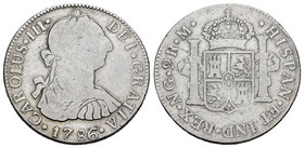 Carlos III (1759-1788). 2 reales. 1786. Guatemala. M. (Cal-1252). Ag. 6,50 g. Muy rara. BC+. Est...250,00.