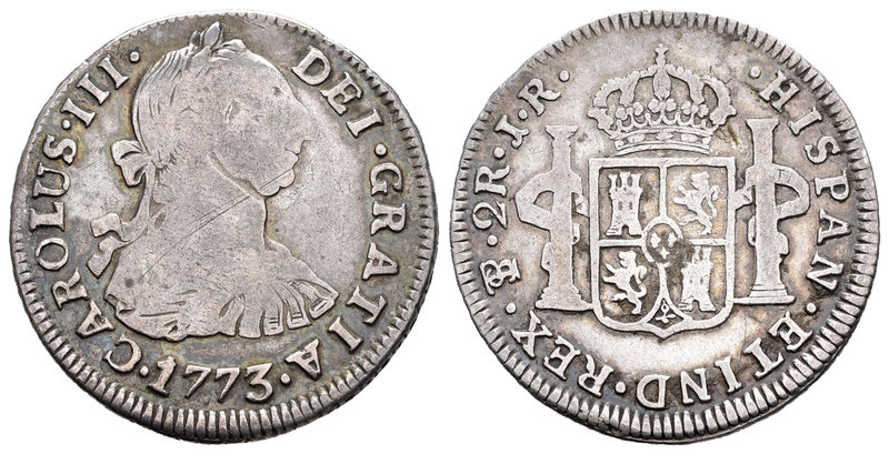 Carlos III (1759-1788). 2 reales. 1773. Potosí. JR. (Cal-1381). Ag. 6,36 g. Prim...
