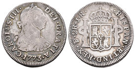 Carlos III (1759-1788). 2 reales. 1773. Potosí. JR. (Cal-1381). Ag. 6,36 g. Primer año de busto. Escasa. BC+. Est...40,00.