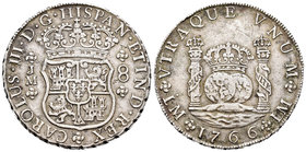 Carlos III (1759-1788). 8 reales. 1766. Lima. JM. (Cal-842). Ag. 26,54 g. Punto sobre la primera LMA. Rayitas. MBC+. Est...200,00.