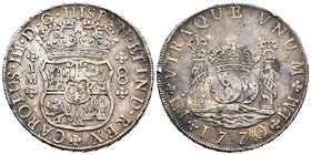 Carlos III (1759-1788). 8 reales. 1770. Lima. JM. (Cal-847). Ag. 26,97 g. Punto sobre la primera LMA. Dos golpecitos en el canto y pequeña oxidación e...