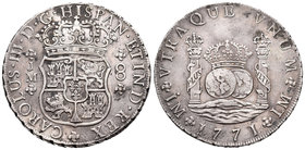 Carlos III (1759-1788). 8 reales. 1771. Lima. JM. (Cal-849). Ag. 26,73 g. Punto sobre la primera LMA. Ligeras oxidaciones. MBC+. Est...200,00.