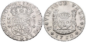 Carlos III (1759-1788). 8 reales. 1760. México. MM. (Cal-346). Ag. 27,01 g. Parte de brillo original. MBC+. Est...180,00.