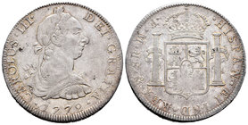 Carlos III (1759-1788). 8 reales. 1772. México. FM. (Cal-916). Ag. 26,90 g. Primer año de busto. Ceca y ensayadores invertidos. Escasa. MBC+. Est...25...