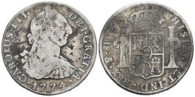 Carlos III (1759-1788). 8 reales. 1774. Potosí. JR. (Cal-974). Ag. 26,38 g. Resellos orientales. BC. Est...50,00.