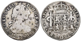 Carlos III (1759-1788). 8 reales. 1781. Potosí. PR. (Cal-984). Ag. 26,58 g. Resellos orientales. BC. Est...50,00.