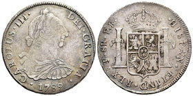 Carlos III (1759-1788). 8 reales. 1789. Potosí. PR. (Cal-998). Ag. 26,82 g. Último año del reinado. Ordinal III. Muy escasa. MBC-. Est...120,00.
