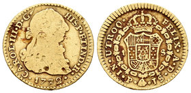 Carlos III (1759-1788). 1 escudos. 1772. Popayán. JS. (Cal-671). Au. 3,21 g. Primer año de busto propio. Golpes. BC/BC+. Est...140,00.