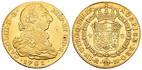 Carlos III (1759-1788). 4 escudos. 1781. Madrid. PJ. (Cal-306). Au. 13,40 g. Golpecito en el canto. MBC+/EBC-. Est...750,00.