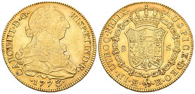 Carlos III (1759-1788). 8 escudos. 1773. Madrid. PJ. (Cal-53). (Cal onza-722 variante). Au. 27,01 g. Con punto entre ensayadores. Rara. EBC-. Est...16...