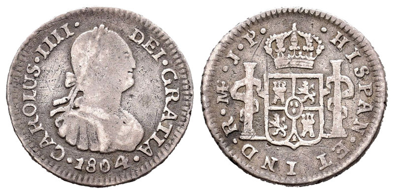 Carlos IV (1788-1808). 1/2 real. 1804. Lima. JP. (Cal-1261). Ag. 1,72 g. BC+. Es...