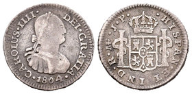 Carlos IV (1788-1808). 1/2 real. 1804. Lima. JP. (Cal-1261). Ag. 1,72 g. BC+. Est...25,00.