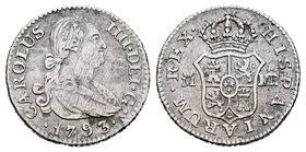 Carlos IV (1788-1808). 1/2 real. 1793. Madrid. (Cal-1269). Ag. 1,58 g. Rayas en anverso. MBC. Est...35,00.