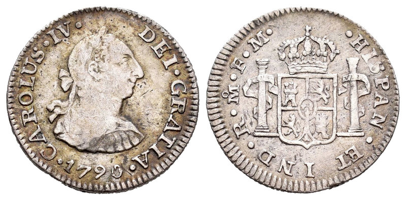 Carlos IV (1788-1808). 1/2 real. 1790. México. FM. (Cal-1284). Ag. 1,66 g.  Bust...